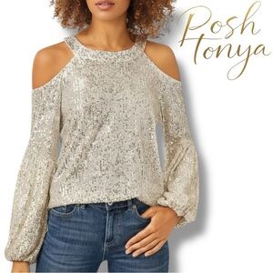CeCe Gold Sequin Cold Shoulder Bishop Sleeve Blouse Size XS Festival Party Glam